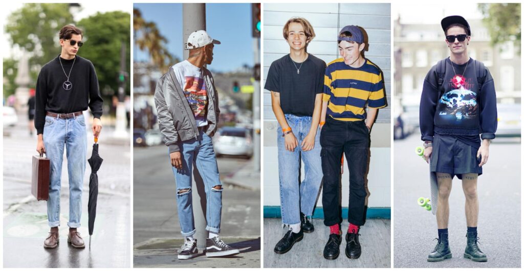 4 fotos lado a lado de looks masculinos com referências dos anos 90 