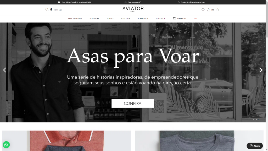 Home page da Aviator com produtos