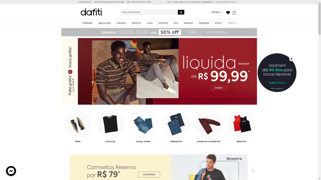 Home page da Dafiti com seus produtos