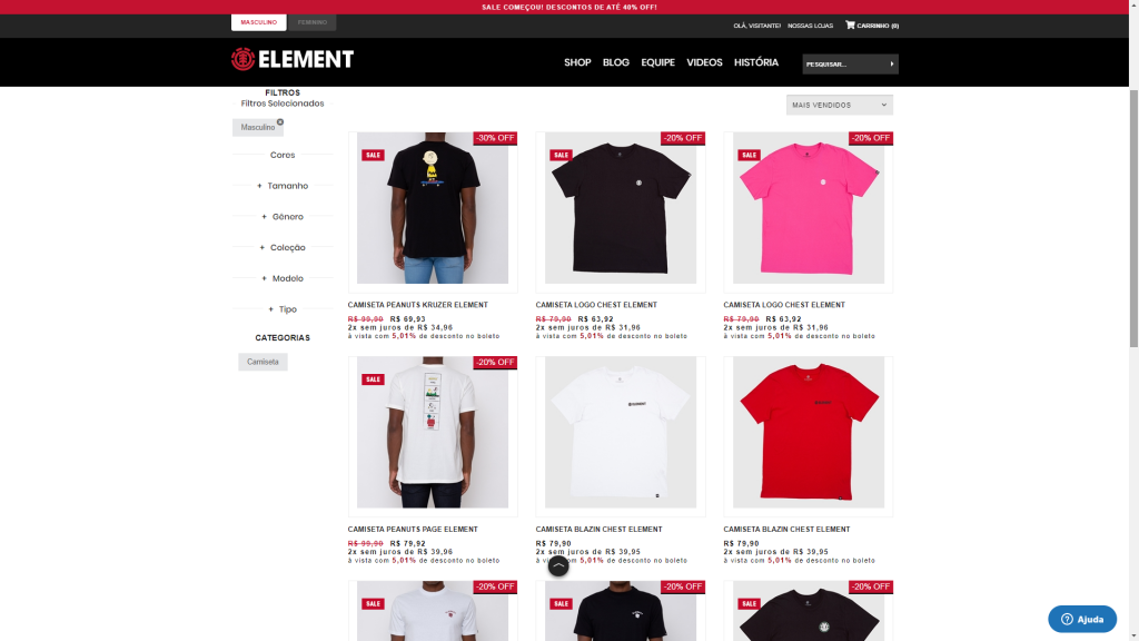 Home page com produtos da Element
