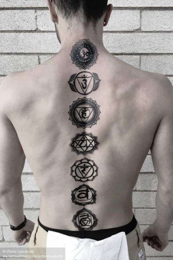 Tatuagem nas Costas Masculina no close nos pontos de chakra do corpo humano