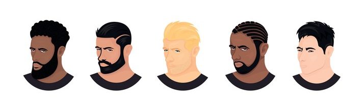 vetors com tipos de cabelo masculino diferentes desde rosto de homem branco e loiro a homem negro com cabelo afro